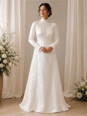 “Vintage D12” Elegantly Modest High-Neck Lace A-Line Dress in White